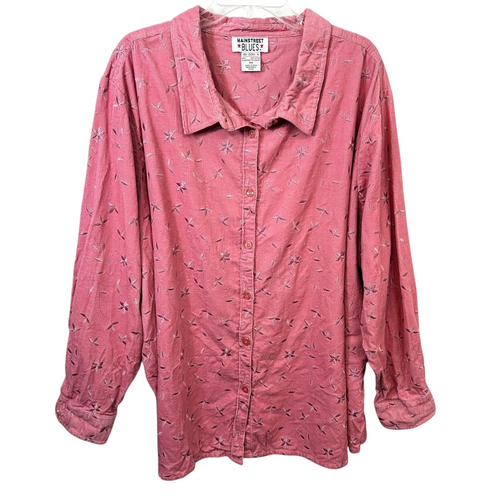 VTG Mainstreet Blues Plus Size 4X Top Pink Corduroy Floral Embroidered 1074‎